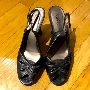 Black and gold strappy Franco Sarto sandal heels